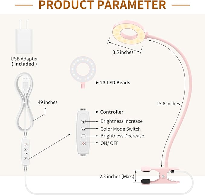 iZELL Desk Lamp, [3 Color Modes & 10 Brightness] LED Reading Light with Clamp, Flexible Gooseneck Book Light for Kids Reading Book in Bed at Night Clip on Table, Headboard, Dorm - 15.8‘’ Pink - Bloomnest
