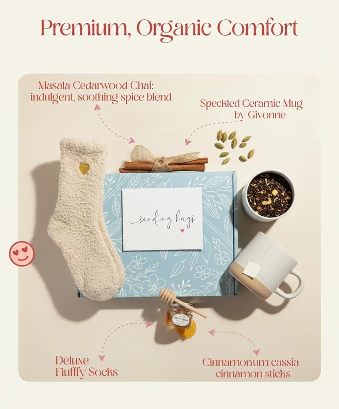 UnboxMe Tea Gift Basket Care Package for Women - Self Care Box with Cozy Socks, Mug, Chai Tea, Honey & Cinnamon, Get Well Soon, Thinking of You - Bloomnest