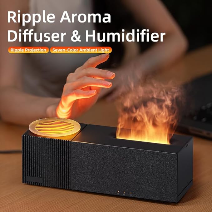 Essential Oil Diffuser, Ripple Projection Vibe Flame Oil Diffuser - Aromatherapy Aroma Humidifier, Upgrade 7 Flame Colors Noiseless 150ml Remote - Perfect for Bedroom Home Office (Ripple Black) - Bloomnest