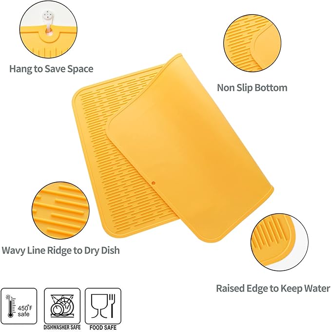 Silicone Dish Drying Mat for Multiple Usage,Easy clean,Eco-friendly,Heat-resistant Silicone Mat for Kitchen Counter or Sink,Refrigerator or Drawer Liner Yellow 3XL 28 inches x 18 inches - Bloomnest