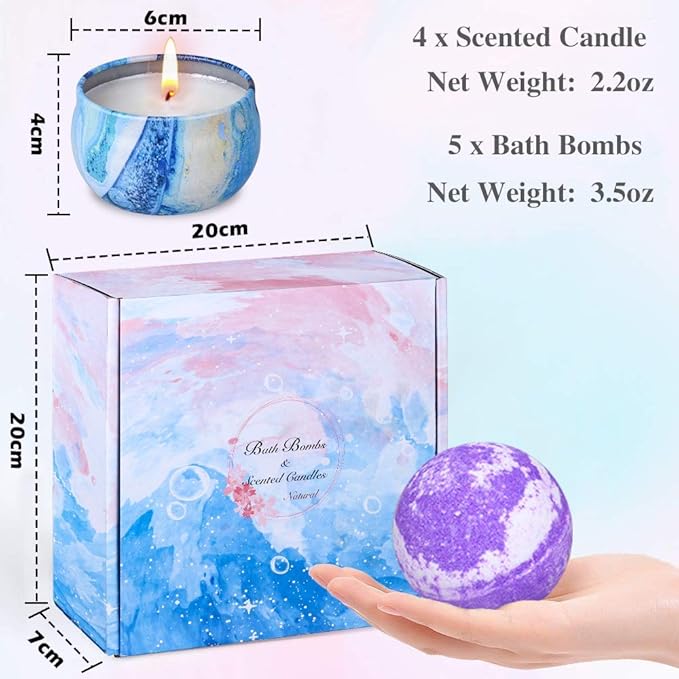 Bath Bombs Gift Set - 5 Large Fizzy Spa Bombs with 4 Scented Candles for Women - Moisturizing Bubble Bath with Essential Oils for Valentine's, Birthday Gifts - Bloomnest
