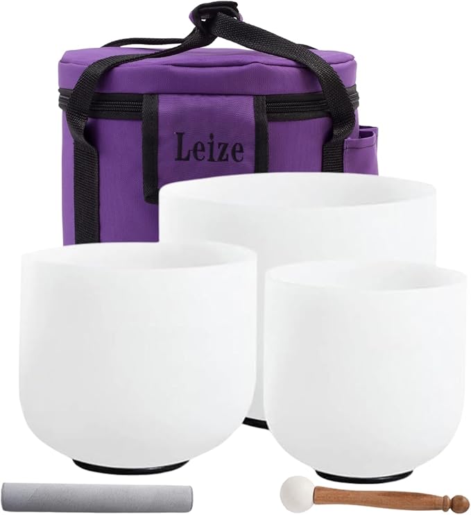 Leize Crystal Singing Bowl Tuned Quartz with Suede Striker Carry Case Bag, Set of 3 PCS 432HZ 6" B 7" G 8" F, Frosted White - Bloomnest