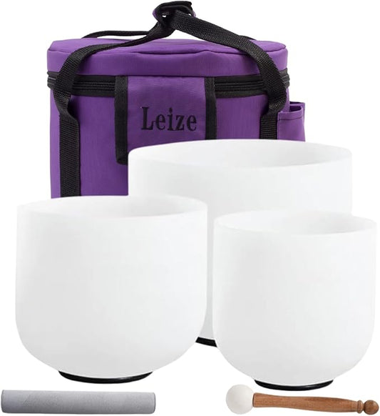 Leize Crystal Singing Bowl Tuned Quartz with Suede Striker Carry Case Bag, Set of 3 PCS 432HZ 6" B 7" G 8" F, Frosted White - Bloomnest