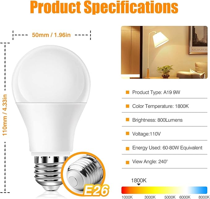 Neporal Amber Sleep Light Bulbs 1800K 4PK, 9W 60 Watt Equivalent, 99.96% Blue Blocking Soft Warm Light Bulbs A19, Amber Night Light E26 for Bedroom and Baby Nursery Light - Bloomnest