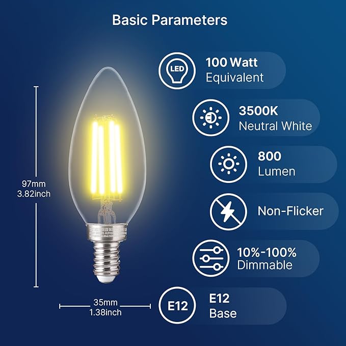 FLSNT 100W Equivalent LED Candelabra Bulbs, 800LM Dimmable B11 E12 LED Chandelier Light Bulbs, 5.5W, 3500K Netural White, 6 Pack - Bloomnest