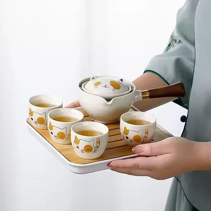 Ceramic Portable Travel Tea Set, Chinese Kungfu Tea Set with 360 Rotation Teapot and Infuser, 4 Tea Cups, Tea Tray And Travel Bag (Cute Cat)