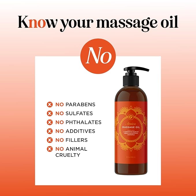 Arnica Massage Oil for Muscle Relaxing - Comforting Sore Muscle Massage Oil for Full Body Relief with Soothing Chamomile Lavender Peppermint & Rosemary Essential Oils - Vegan & Non GMO (8 Fl Oz)