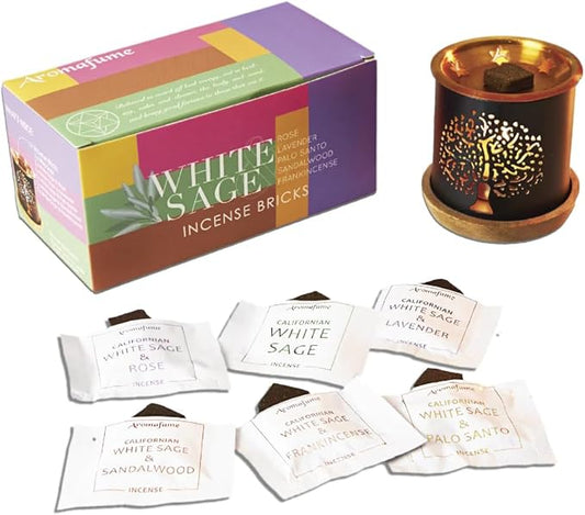 White Sage Incense Brick Gift Set by Aromafume | 12 Bricks & Tree of Life Exotic Burner | White Sage with Rose, Lavender, Palo Santo, Sandalwood, Frankincense | Sage for Cleansing, Smokeless Smudging Aromafume