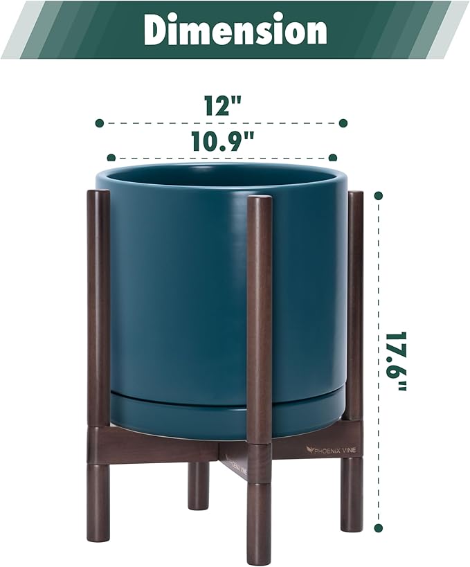 D'vine Dev Ceramic Planter with Walnut Color Stand - 12 Inch Modern Round Flower Pot with Wood Planter Holder, Teal, 55-B-W-4 - Bloomnest