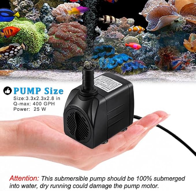 PULACO 400GPH Submersible Pump with 5 ft Tubing, (1500L/H 25W) durable fountain water pump for Pond Fountain, Aquariums Fish Tank, Statuary, Hydroponics - Bloomnest