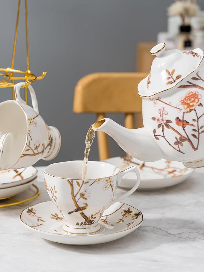 Jusalpha Fine China Bird Tree Pattern Coffee Cup/Teacup Set, 8 OZ Cups& Saucer Service for 4, with Teapot-Sugar Bowl-Cream Pitcher Teaspoons and tea strainer for Tea/Coffee, 17-Pieces (Bird Tree) - Bloomnest