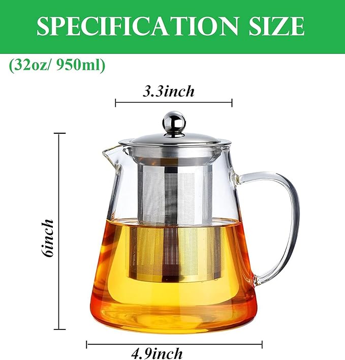 Mini Size Glass Teapot Tea Kettle-with Stainless Steel Removable Infuser for Blooming Tea & Loose Leaf Tea, Microwave & Stovetop Safe, 950ML/32oz (L-950) - Bloomnest