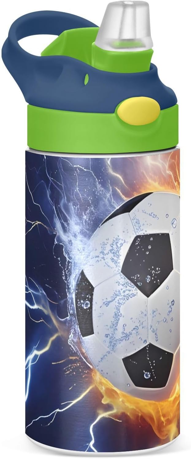 Soccer Fire Electric Spark Kids Water Bottle with Straw Lid Insulated Tumbler with Handle Stainless Steel Reusable Toddlers Cup for Kids Boys 12 oz - Bloomnest