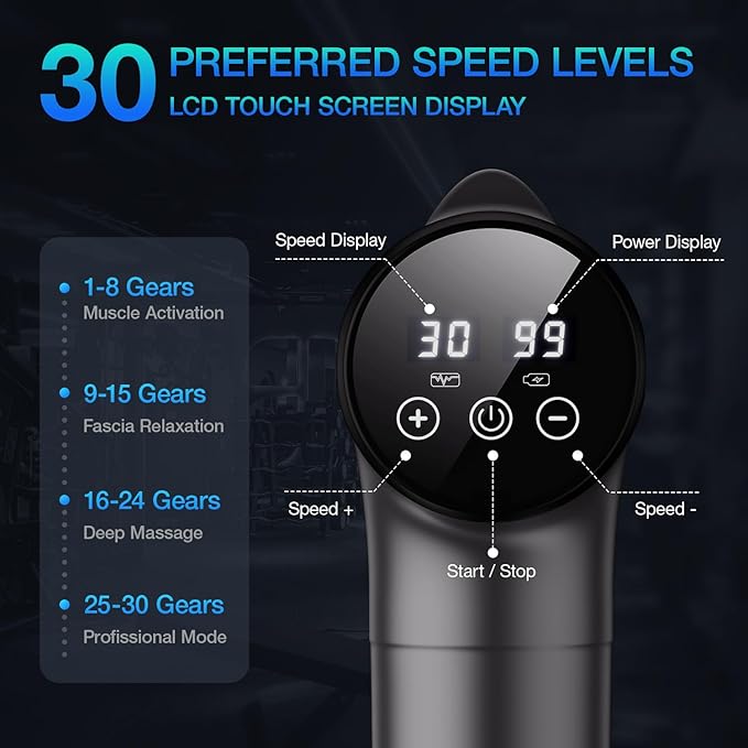 Massage Gun Deep Tissue, Handheld Electric Muscle Massager, High Intensity Percussion Massage Device for Pain Relief with 9 Attachments & 30 Speed(Grey) - Bloomnest