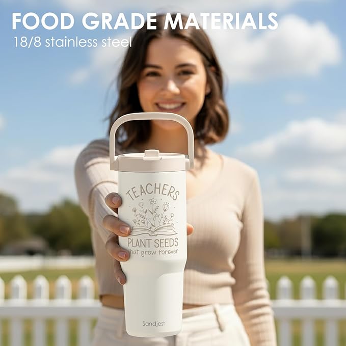 SANDJEST Teacher Stainless Steel Straw Lid Tumbler 30oz with Carry Handle for Women Girls, Insulated Travel Coffee Cup, Gift for Sports Workout Christmas Birthday Teacher's Day - Bloomnest