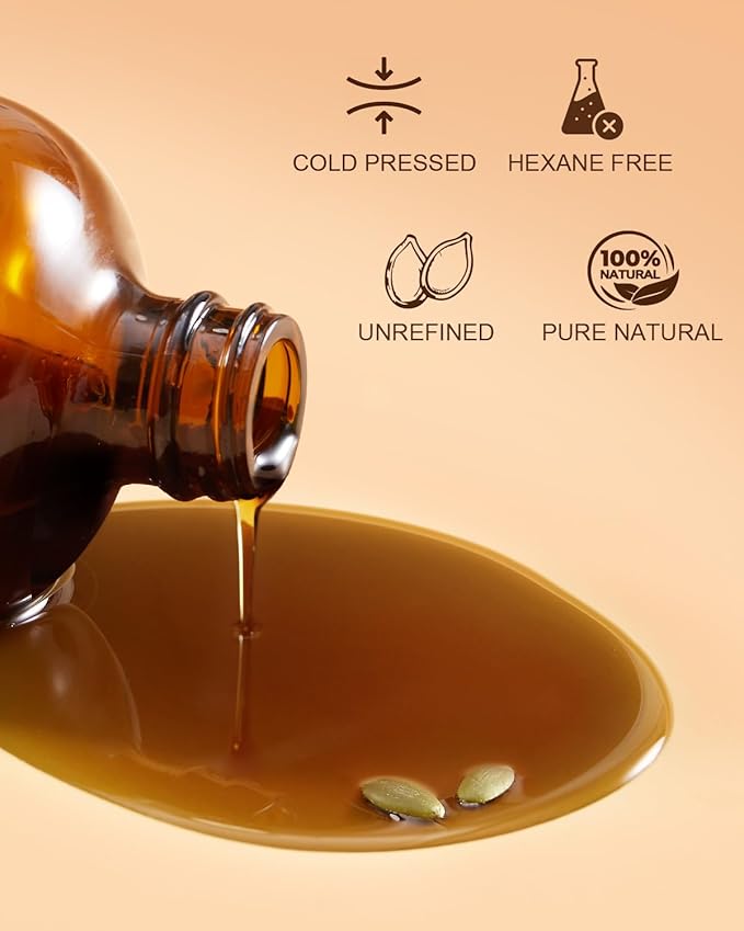 Cold-Pressed Pumpkin Seed Oil for Hair, Glass Bottle, 100% Pure & Natural Carrier, Massage Oils, Unrefined, 16 Fl Oz with Pump, Pumpkin Oil for Skin, Face, Nails, Body Moisturizer, Hexane-Free - Bloomnest