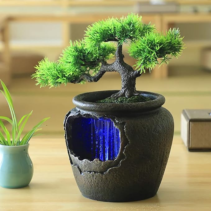Rockery Fountain Waterfall, Resin Feng Shui with LED Lights Desktop Fountain Waterfall for Indoor Outdoor Home Office Decor - Bloomnest