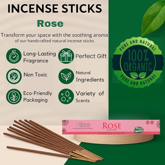 Bless-Rose 100%-Natural-Handmade-Hand-Dipped Organic-Chemicals-Charcoal-Free Purification-Relaxation-Positivity-Yoga-Meditation Best-Woods-Scent (500 Sticks (26 OZ)) BlessInternational