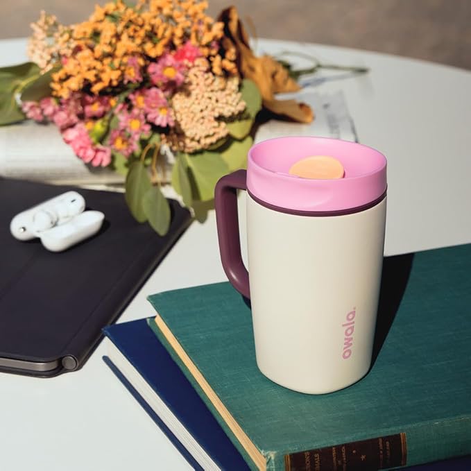 Owala SmoothSip Slider Stainless Steel Insulated Travel Mug, 100% Leak Proof, For Hot and Cold Drinks, Travel Friendly with Sliding Lock Lid, 12oz, BPA Free, Leak Proof, Pink/Tan (Daybreak) - Bloomnest