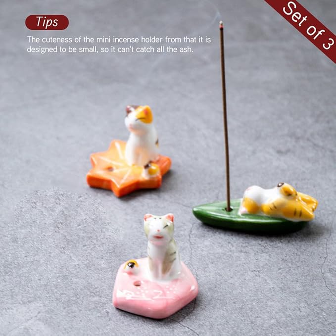 Set of 3, Japanese Mini Cute Kitty Cat Handmade Ceramic Incense Stick Holder or Incense Burner Holder, Adorable Animal Theme Inscent Tray for Home Decor Yoga Spa Meditation, 1.57 inch - Bloomnest
