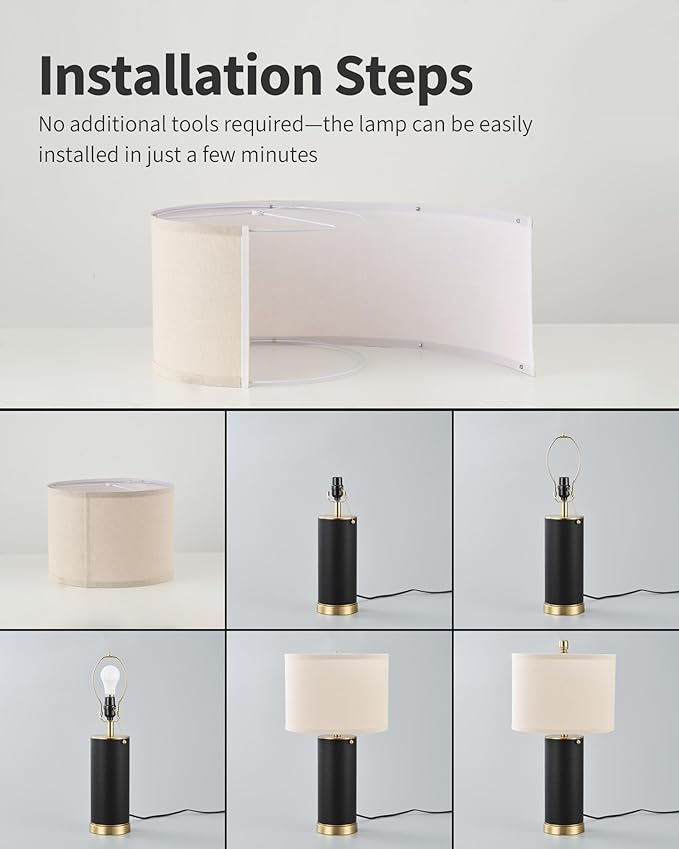 KDG 23.4" Black PU Leather Table Lamps for Living Room Set of 2, 3 Level Brightness LED Modern Home Decor Fabric Lampshade Desk Lamp Lighitng for Bedroom, Bedside, Farmhouse, Nightstand, Night Light - Bloomnest