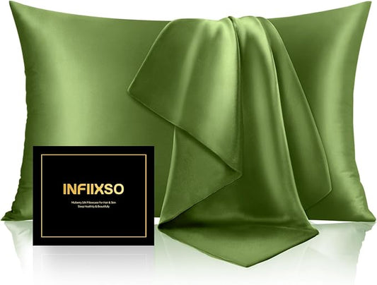 INFIIXSO Silk Pillow Cases 2 Pack Standard Size, Ultra Smooth & Soft Mulberry Silk Pillow Case for Hair and Skin, Breathable Cooling Silk Pillowcase with Hidden Zipper (Cedar Green, 20x26 Inches) - Bloomnest