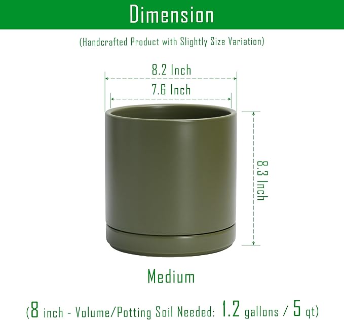 D'vine Dev Set of 2 Plants Pots, 8.2 Inch Ceramic Planter Pot for Plants with Drainage Hole and Saucer, Olive, 94-V-D-J - Bloomnest