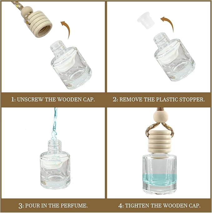 4Pcs Hanging Car Air Freshener, Empty Glass Perfume Bottle Pendant with Wooden Cap, Refillable Drift Freshener Diffuser for Essential Oils - Car Accessories for Women Men-Cylindrical - Bloomnest