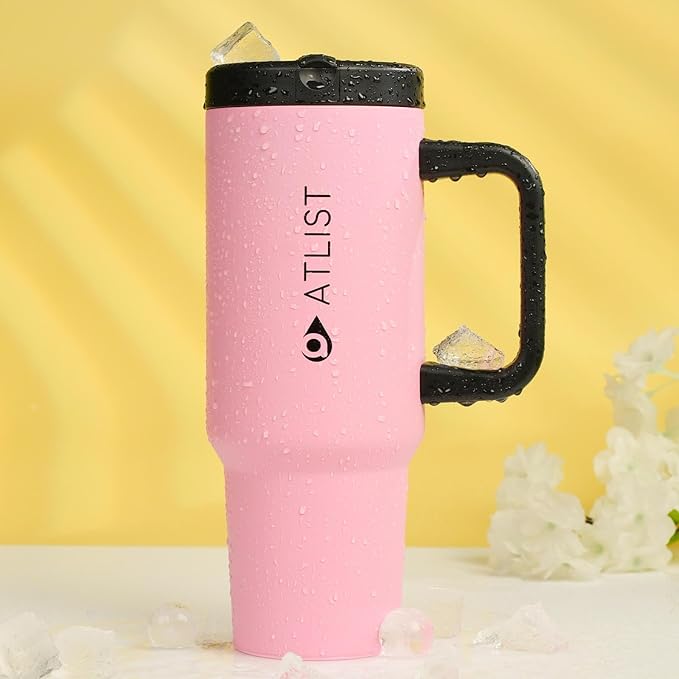 100% Leakproof 40 oz Tumbler with Handle & 4-in-1 SipSwig Lid, Built-In Flip Straw & External Stainless Steel Straw, Insulated Stainless Steel Cup, BPA-Free, Pink & Black - Bloomnest