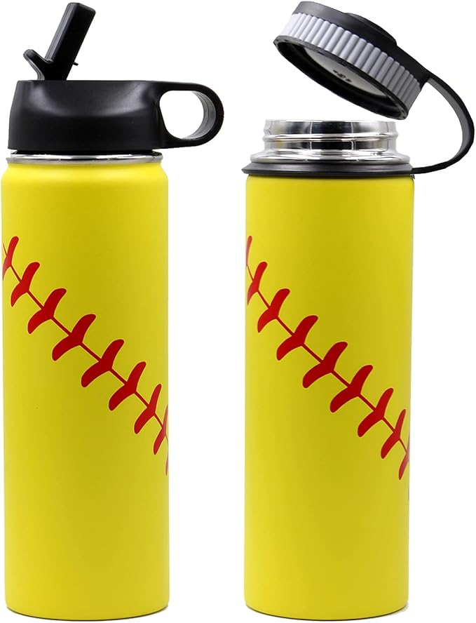 22 oz Softball Water Bottle, Wide Mouth Sports Flask Metal Travel Tumbler with 2 Lids, Stainless Steel Double Wall Vacuum Insulated Leak Proof Thermo Water Bottles, Softball Stuff Gifts for Mom Girls - Bloomnest