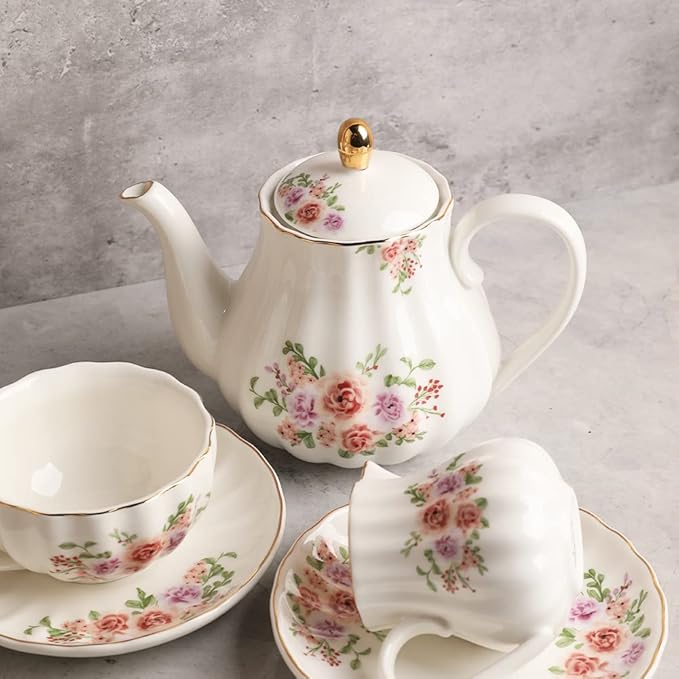 Porcelain Tea Sets British Royal Series, 8 OZ Cups & Saucer Service for 6, with Teapot Sugar Bowl Cream Pitcher Teaspoons and Tea Strainer, Suitable for High Tea, Wedding, Party（Rose Flower） - Bloomnest