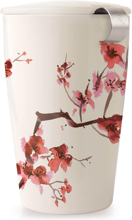Tea Forte Double-Walled Ceramic Kati Cup, Removable Stainless Steel Infuser Basket and Lid, Steeps 12 oz Loose Leaf Tea, Dishwasher & Microwave Safe, Cherry Blossom - Bloomnest
