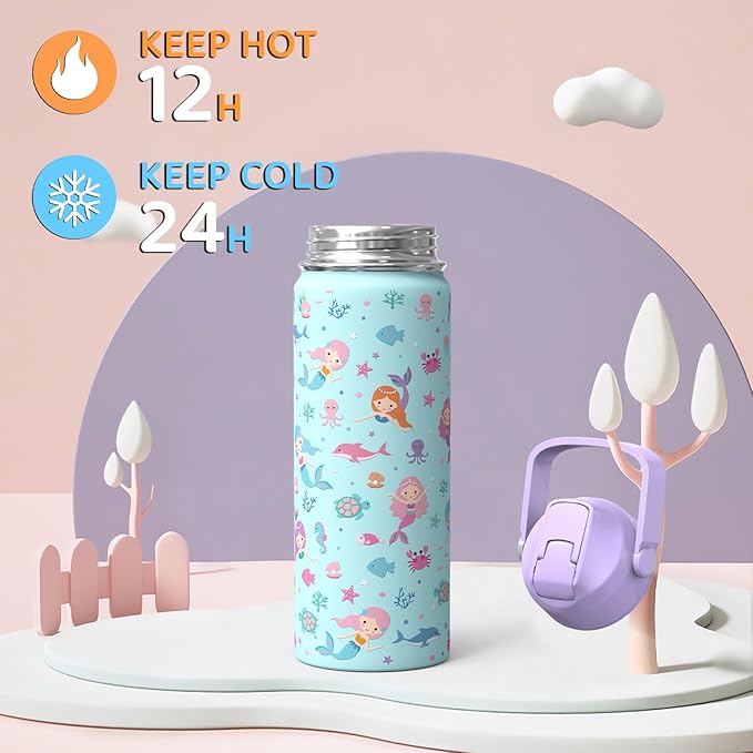 18oz Kids Insulated Water Bottle with Straw Lid - 18/8 Stainless Steel Kid Cup BPA-FREE Tumbler Double Wall Vacuum Leak Proof Portable Toddler Water Bottle for School (Purple Mermaid) - Bloomnest