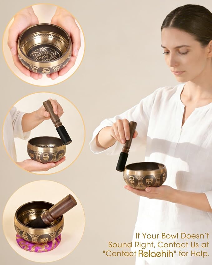 Tibetan Singing Bowls Set Authentic - Handmade in Nepal Sound Bowl for Yoga, Chakra, Meditation, Stress Relief Tool, Meditation Accessories and Unique Gifts for Women, Men RelaehihforEveryone