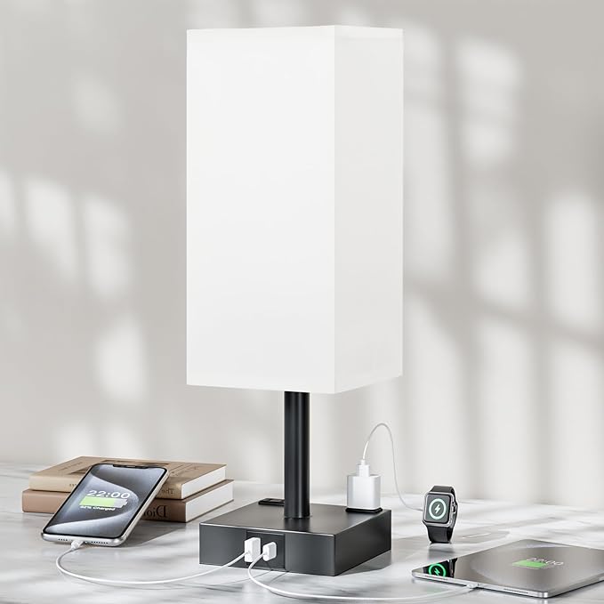 Touch Bedside Table Lamp for Nightstand - 3-Way Dimmable Night Lamp with USB A + Type C Charging Ports and Two AC Outlets, Small Desk Light with E26 LED Bulb for Bedroom Living Room,White Black - Bloomnest