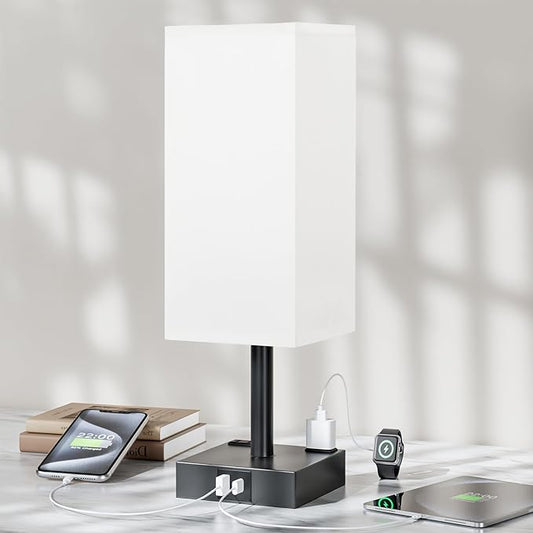 Touch Bedside Table Lamp for Nightstand - 3-Way Dimmable Night Lamp with USB A + Type C Charging Ports and Two AC Outlets, Small Desk Light with E26 LED Bulb for Bedroom Living Room,White Black - Bloomnest