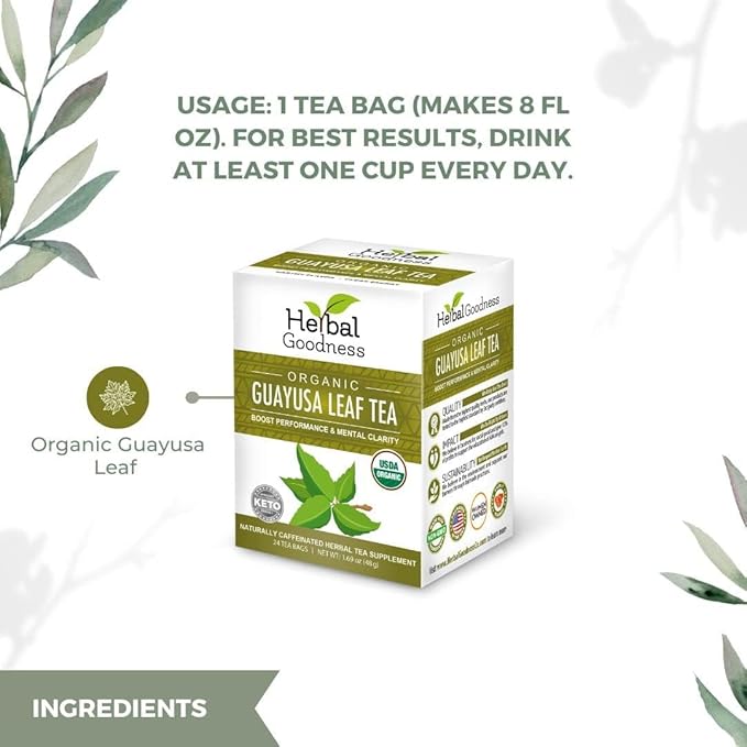 Herbal Goodness Organic Guayusa Leaf Tea Bags – Natural Energy Tea with Antioxidants & Smooth Caffeine | Smooth Focus | 24 Eco-Friendly Teabags – Caffeine Boost Without Jitters - | Yerba Mate Alternative, with Herbal Loose Leaf Tea Benefits - Bloomnest