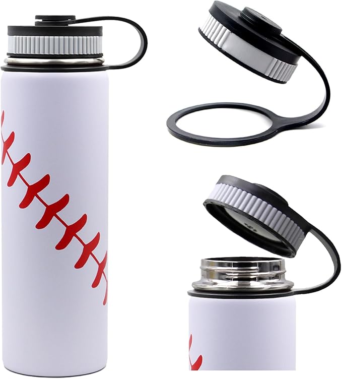 22 oz Baseball Water Bottle, Sports Flask Metal Travel Tumbler with 2 Lids, Stainless Steel Double Wall Vacuum Insulated Leak Proof Thermo Water Bottles, Baseball Accessories Gifts for Mom Boys Girls - Bloomnest
