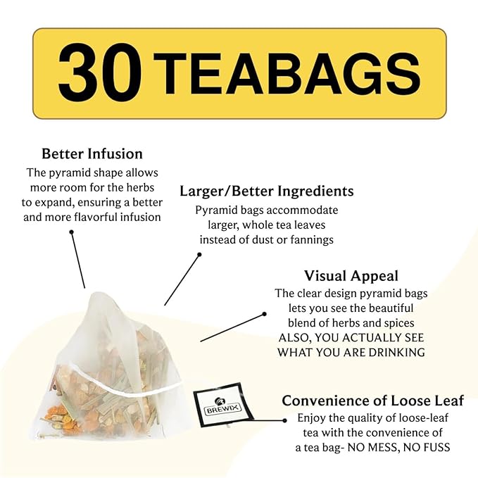 BREWIX, Turmeric Tea with Ashwagandha Root and Black Pepper (30 Plant Based Tea Bags) Caffeine-Free for Relaxation & Daily Stress Support | Herbal Tea For Health & Wellbeing | Supports Restful Sleep - Bloomnest