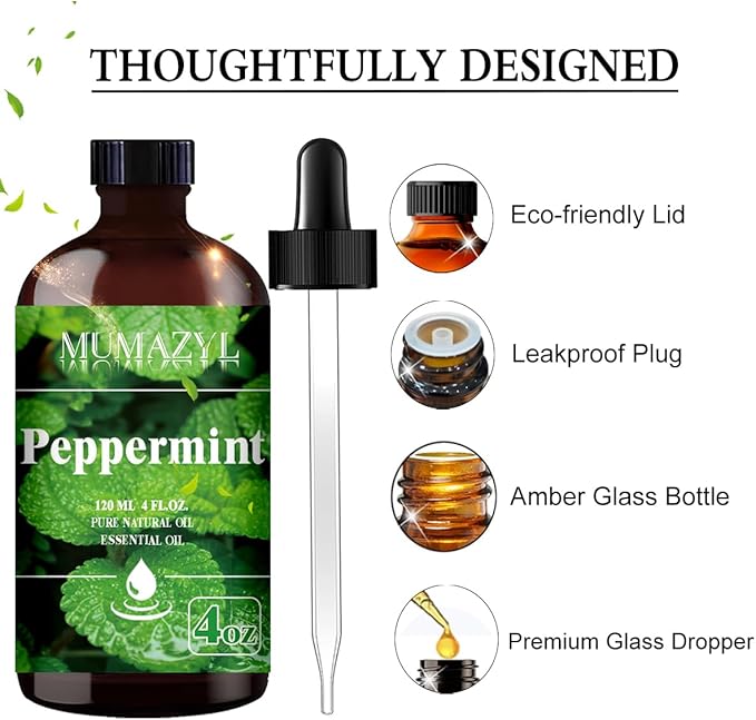 Peppermint Essential Oil, Peppermint Oil 4 Fl Oz 120ML for Diffuser Humidifier Yoga Cleaning DIY Candle Soap Making Essential Oils - Bloomnest