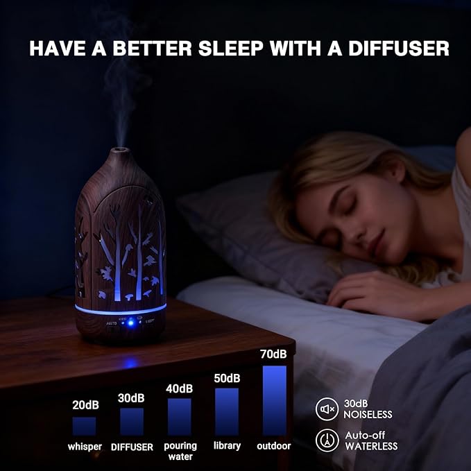 Essential Oil Diffuser,7.1''x3.5'' Air Diffusers with 3 Aromatherapy Oils Set,Small 200ml Humidifier with 7 LED Colors Lights,Waterless Auto-Off for Desk Office Home Decor Gift(Tree Dark Wood Grain) - Bloomnest