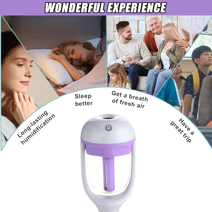 Car Humidifier, Portable Mini Aromatherapy Essential Oil Diffuser, 180-Degree Rotation Cool Mist Humidifier, Vehicle Air Freshener Diffuser with 12V Charging Port for Home Office (Purple) - Bloomnest