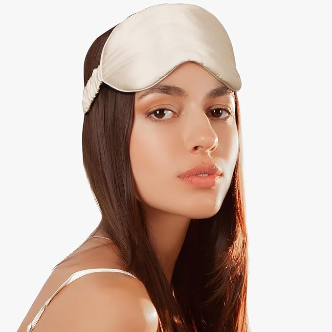 Soft Real Silk Light Blocking Cooling Sleep Eye Mask for Women/Men/Travel/Airplane,Beige - Bloomnest