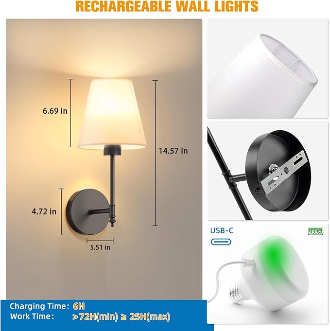 NIORSUN 14.5 inch Battery Operated Wall Sconce Set of 2,Black Rechargeable Wall Lights with 5200mAh Dimmable Detachable Bulbs and Remote,9 Colors Wireless Sconces for Bedroom Living Room Hallway Decor - Bloomnest