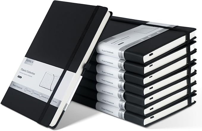 POPRUN 8 Pack Black Lined Journal Notebooks, Waterproof PU Leather Hardcover, A5 Classic College Ruled Journals for Writing, Business Work, School Note Taking, 5.5 x 8.3 inch, 240 Pages Notepad - Bloomnest