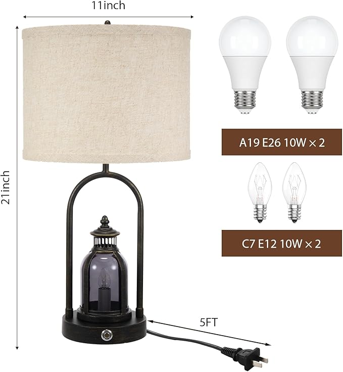 Farmhouse Lantern Table Lamps for Living Room Set of 2, Rustic Vintage Bedroom Nightstand Beside Desk Lamp with 2 USB Charging Ports,Dimmable Touch Night Light,4 Bulbs Included (Black) - Bloomnest