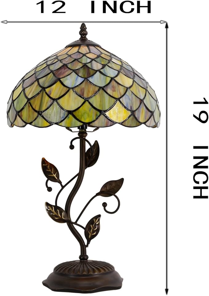 Tiffany Lamp Fish Scales Style Stained Glass Table Lamp Desk Bedside Reading Light 12X12X19 Inches with Metal Leaf Base Decor Bedroom Living Room - Bloomnest