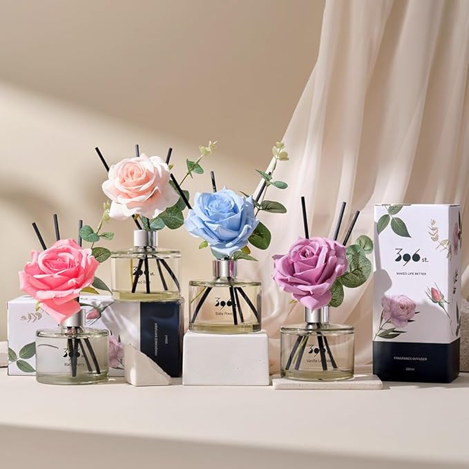 396 st. Rose Flower Reed Diffuser, Baby Powder, 200ml(6.7oz) / Reed Diffuser Sets, Home Fragrance, Scented Oils, Home & Bathroom Décor - Bloomnest