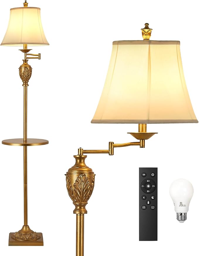 Traditional LED Floor Lamp with 350° Adjustable Swing Arm Lamp – Vintage Standing Pole lamp for Living Room, Bedroom and Office – Rustic Upright Floor Light for Home Décor with Silk Fabric Shade - Bloomnest