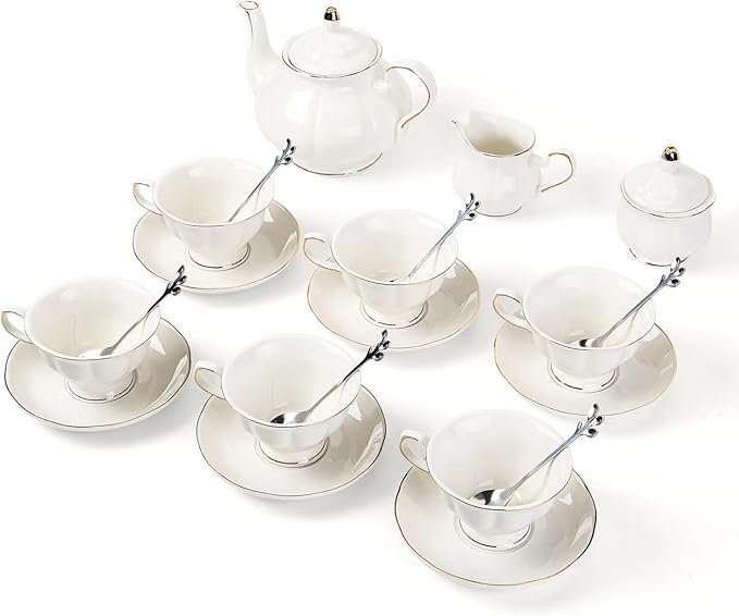 CHENP.HMC Tea Set 22-Piece Porcelain Ceramic Coffee Tea Gift Sets Cups Saucer Service for 6 Teapot Sugar Bowl Creamer Pitcher and Teaspoons (WHITE3) - Bloomnest